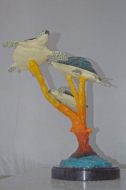Three Turtles swimming around Corals Bronze Statue - Size: 17"L x 15"W x 19"H.