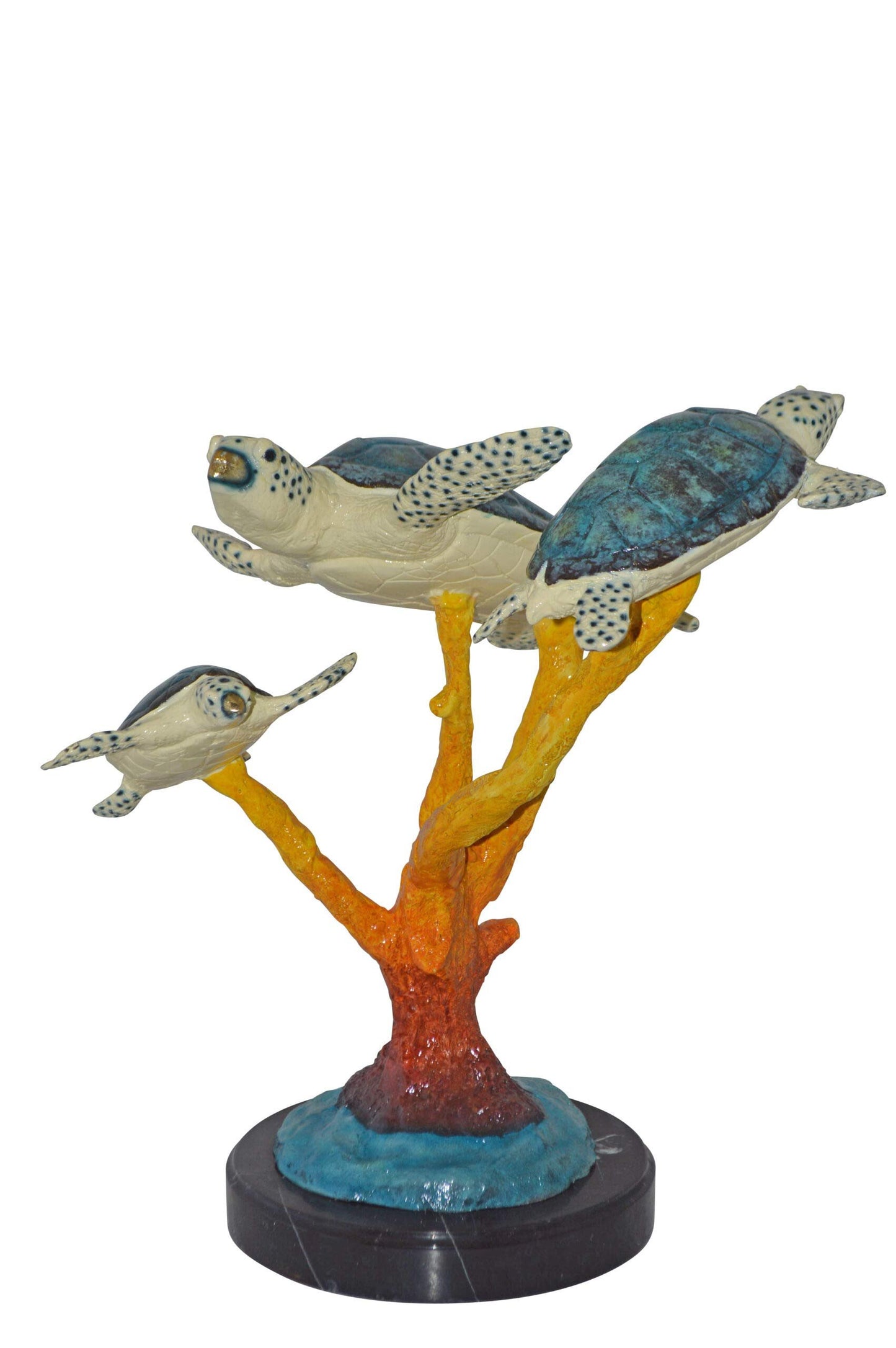 Three Turtles swimming around Corals Bronze Statue - Size: 17"L x 15"W x 19"H.