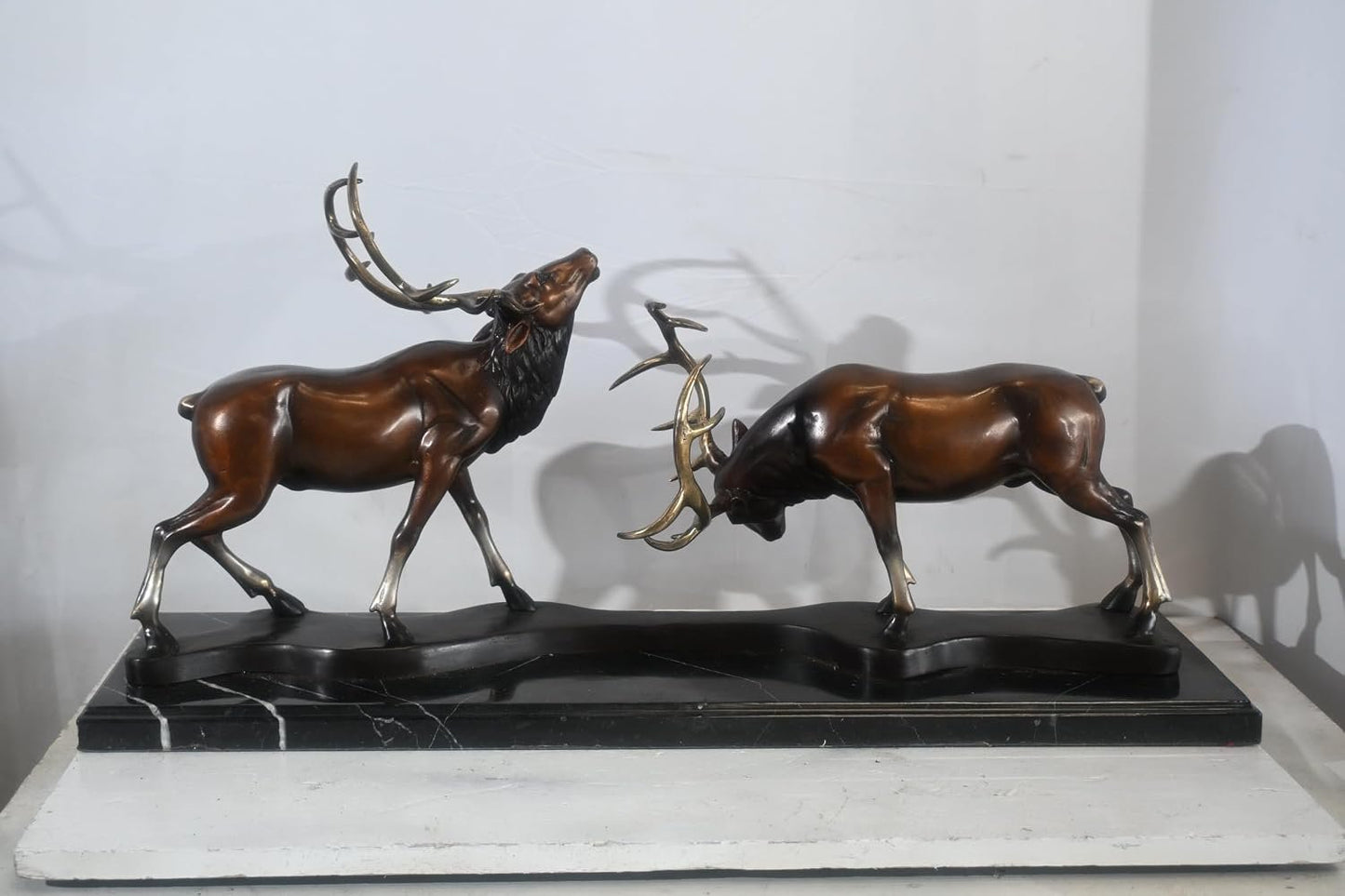 Bronze Locking Deer Stags Sculpture Marble Base 32"x8"x14"H