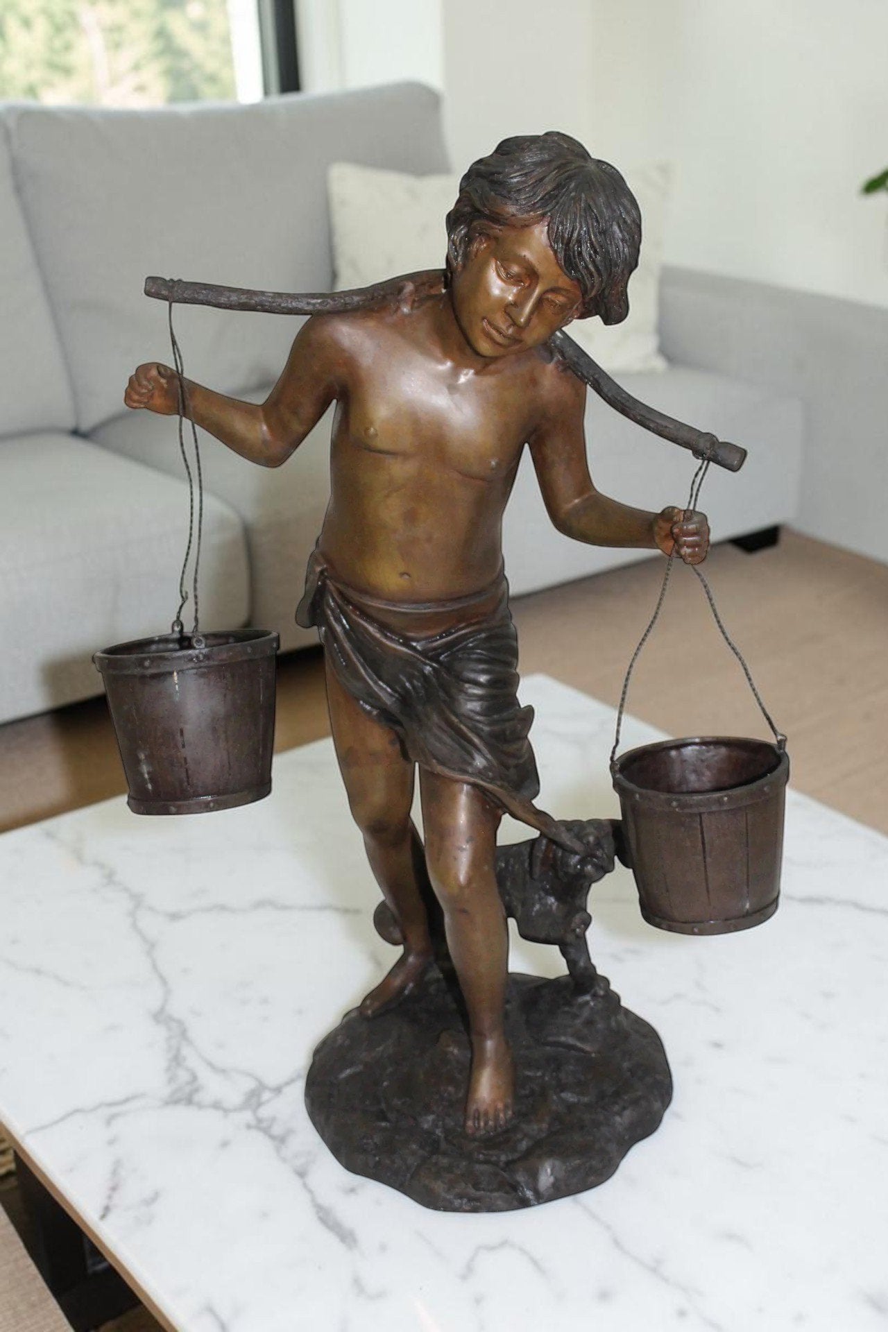 Boy with two buckets Bronze Statue -  Size: 14.5"L x 10"W x 23"H.