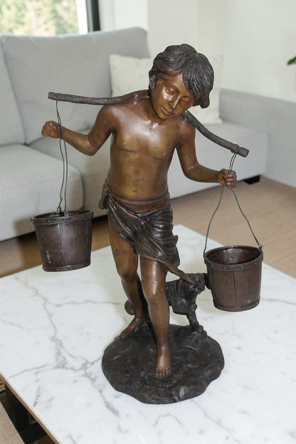 Boy with two buckets Bronze Statue -  Size: 14.5"L x 10"W x 23"H.