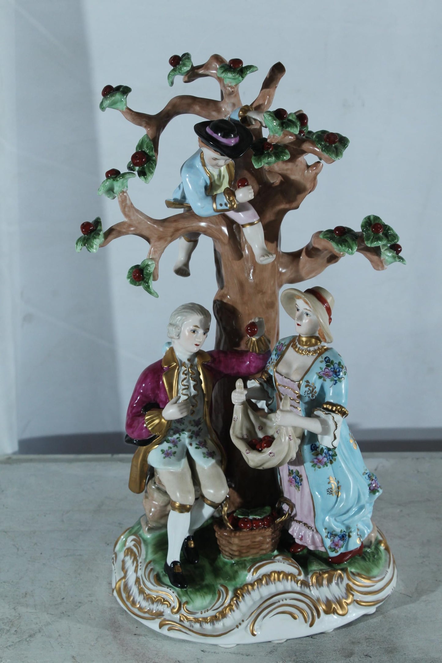 NIFAO Porcelain Cherry Picking Family Figurine Vintage Style 10"x9"x17"H