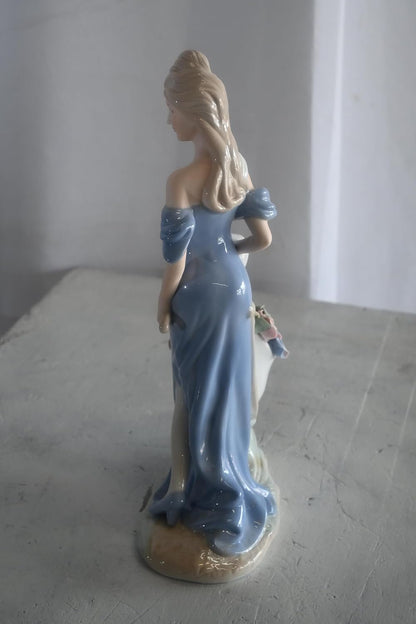 Porcelain Lady Blue Gown Pushing Rose Wheelbarrow Statue 8"x4"x14"H