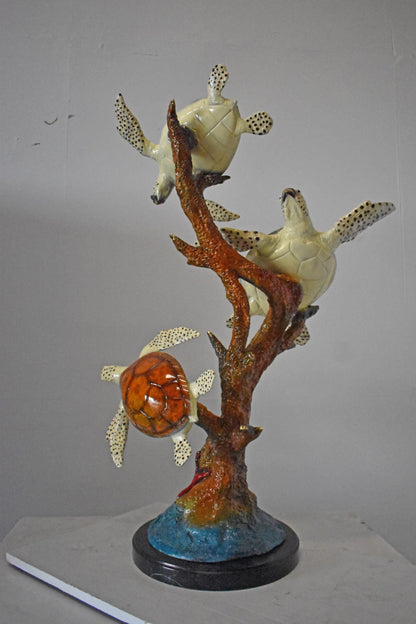 Nifao Three Turtles Bronze Statue on Marble Base – Lost Wax Ocean-Inspired Sculpture with Patina Finish - 32" L x 32" W x 41" H