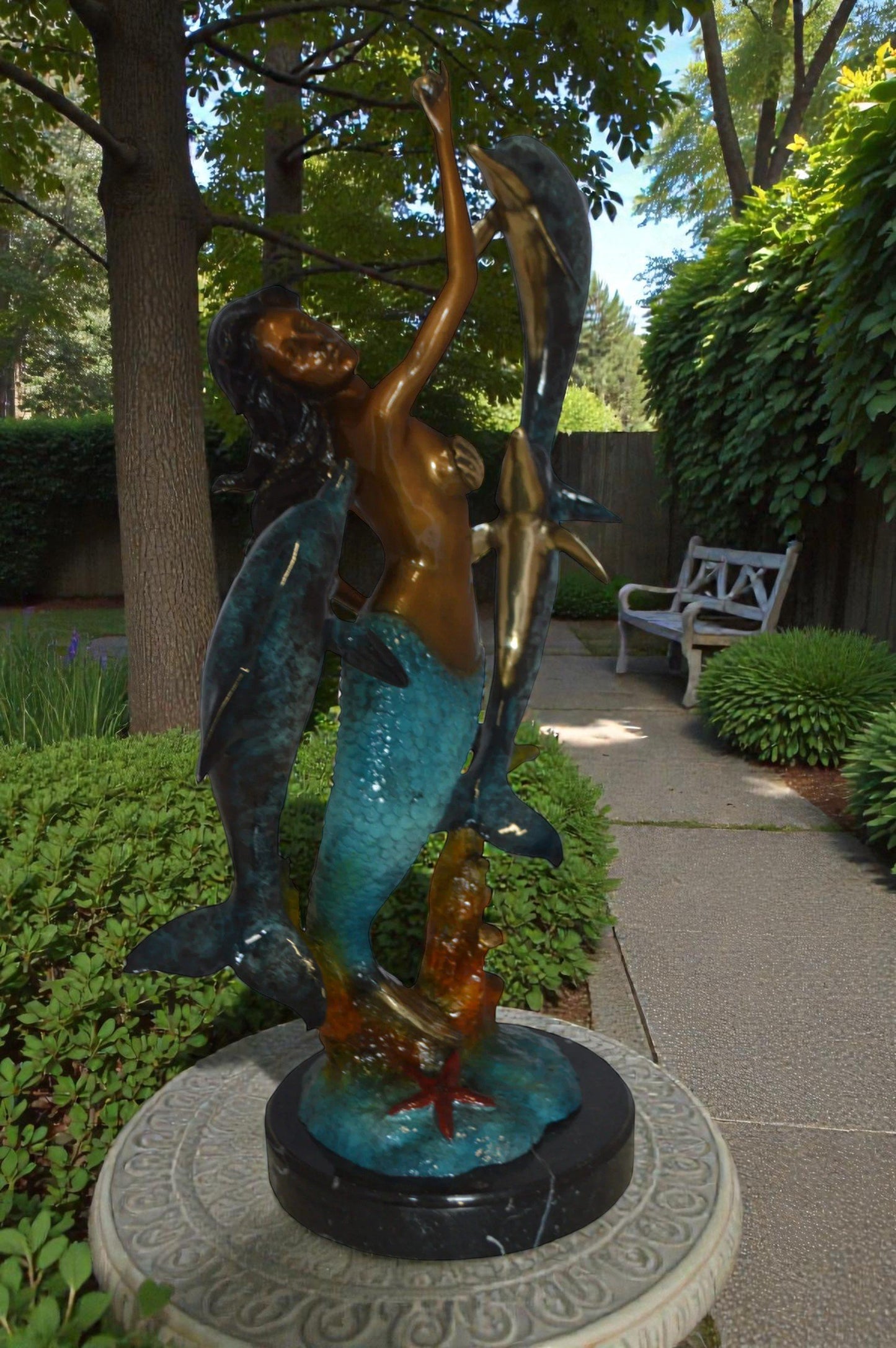 Mermaid With Three Dolphins Bronze Statue -  Size: 15"L x 8"W x 25"H.