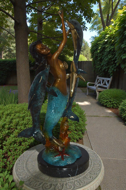 Mermaid With Three Dolphins Bronze Statue -  Size: 15"L x 8"W x 25"H.