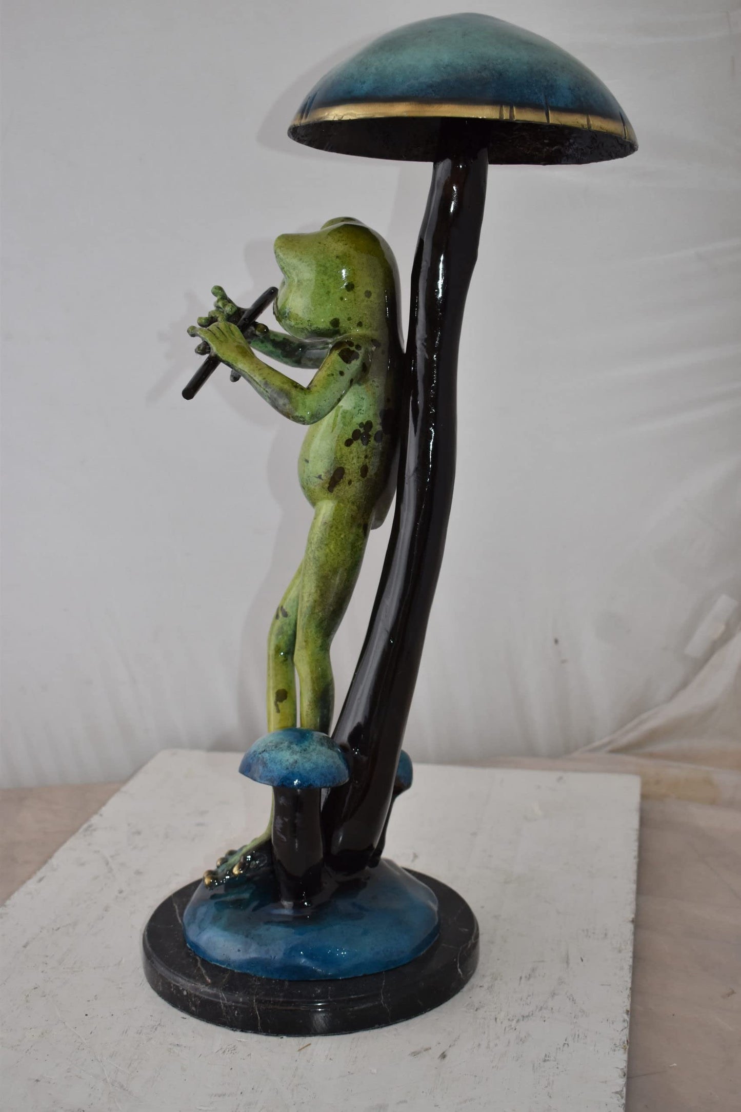 Musical Green Frog Playing the Flute Bronze Statue Size: 14" x 12" x 27"H