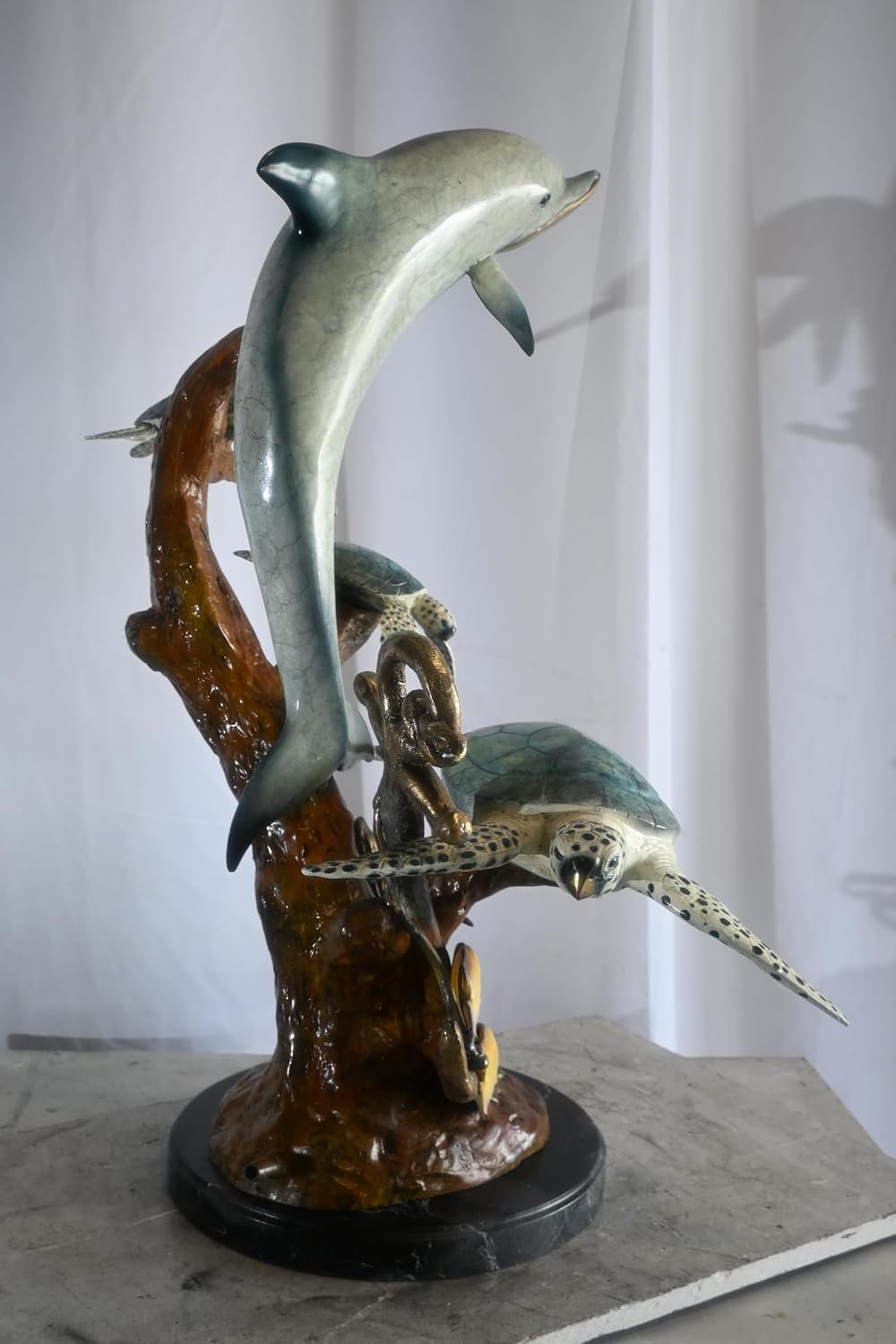 Bronze Dolphin Sea Turtles Fountain Lost Wax Ocean Scene 22"x18"x37"H