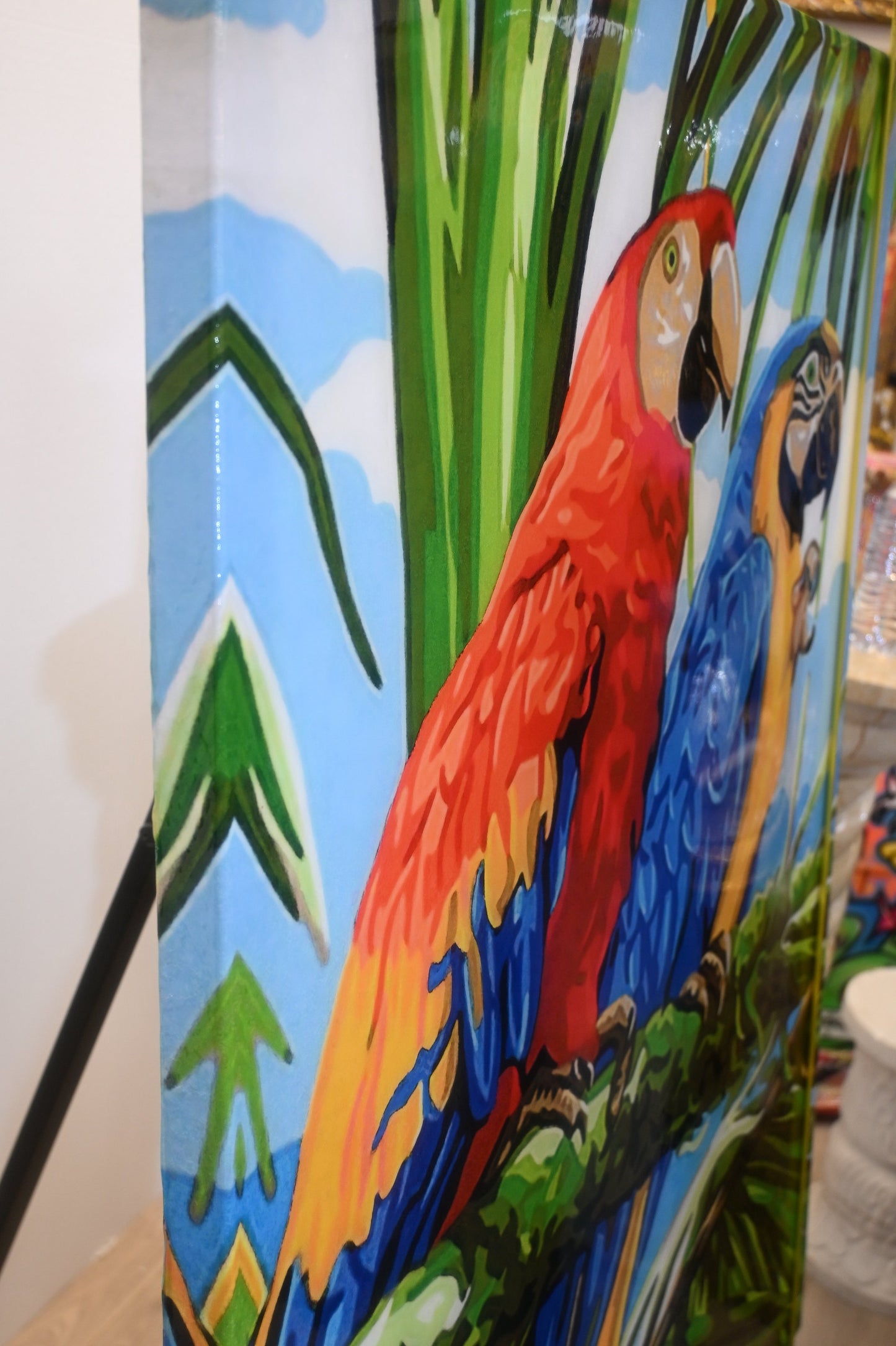 Colorful Macaw Parrots Tropical Resin Covered Canvas 32"x42"