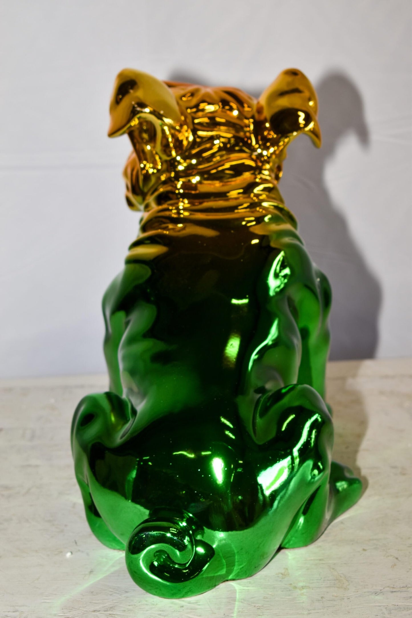 Ombre Green Chrome Bulldog Resin Statue - Pop Art Home Decor, 16"L x 9"W x 13"H
