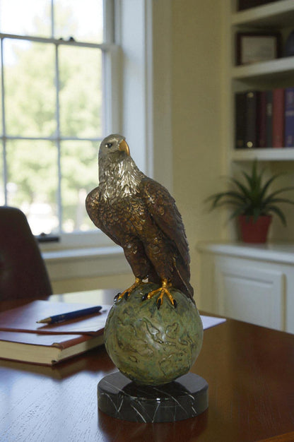 Bald Eagle Standing on a Globe Bronze Statue -  Size: 17"L x 9"W x 23"H.