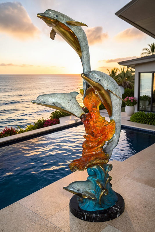 Four Dolphins Swimming in Ocean Colored Bronze Statue Size: 18" x 14" x 41"H