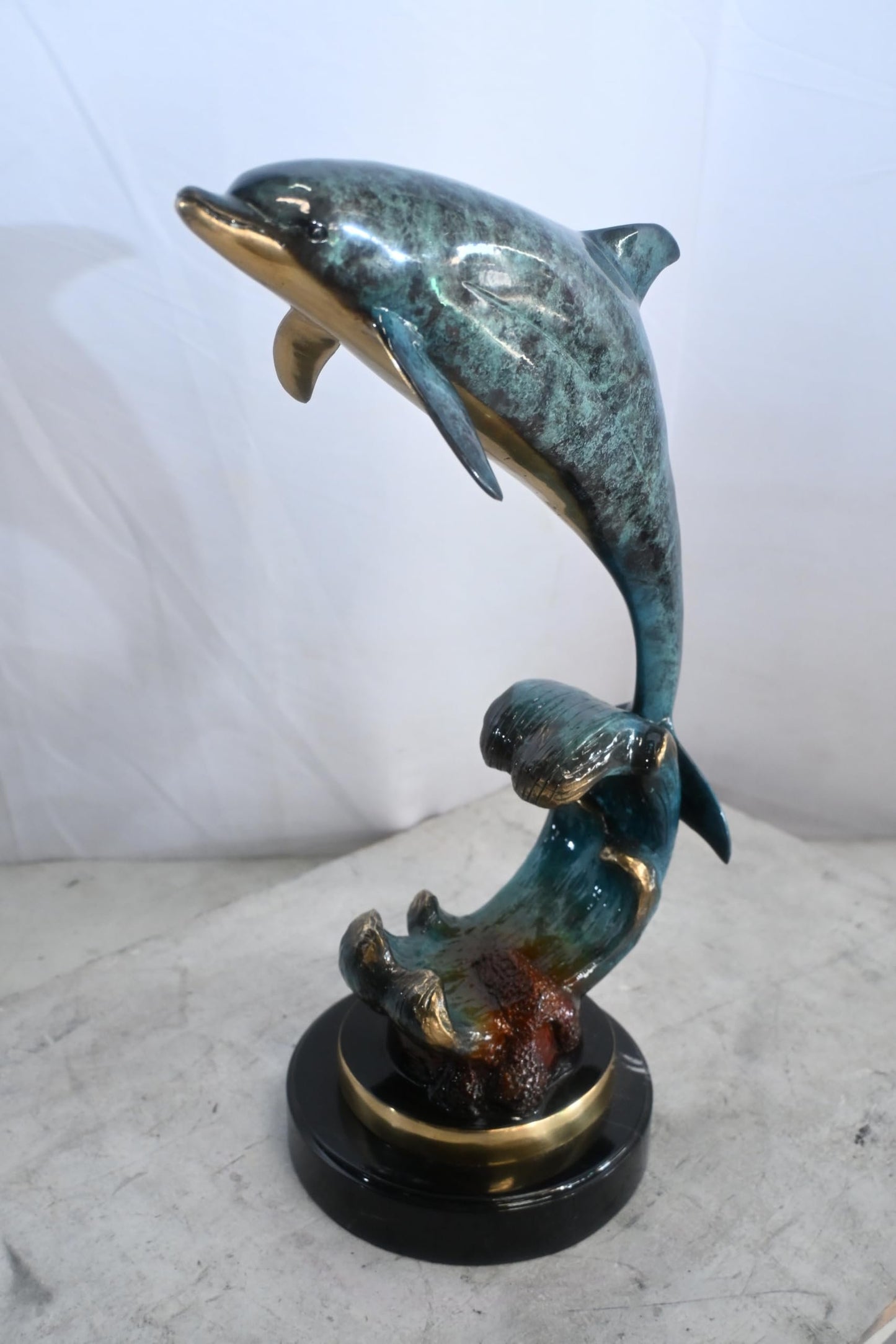 Single Dolphin Bronze Sculpture Leaping Wave Base 13"x8"x21"H