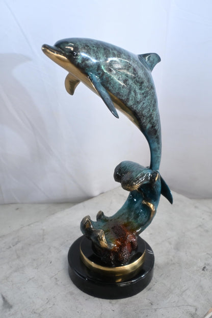 Single Dolphin Bronze Sculpture Leaping Wave Base 13"x8"x21"H