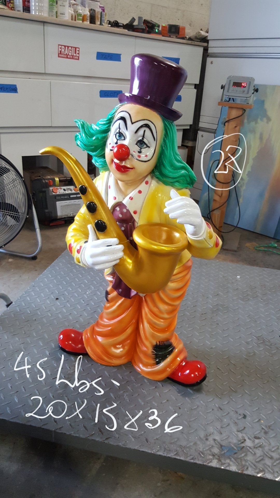 Clown Standing with Saxophone Bronze Statue -  Size: 20"L x 15"W x 36"H.