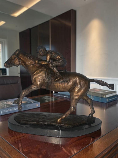 Jockey on horse two tones Bronze Statue -  Size: 11"L x 4"W x 8"H.