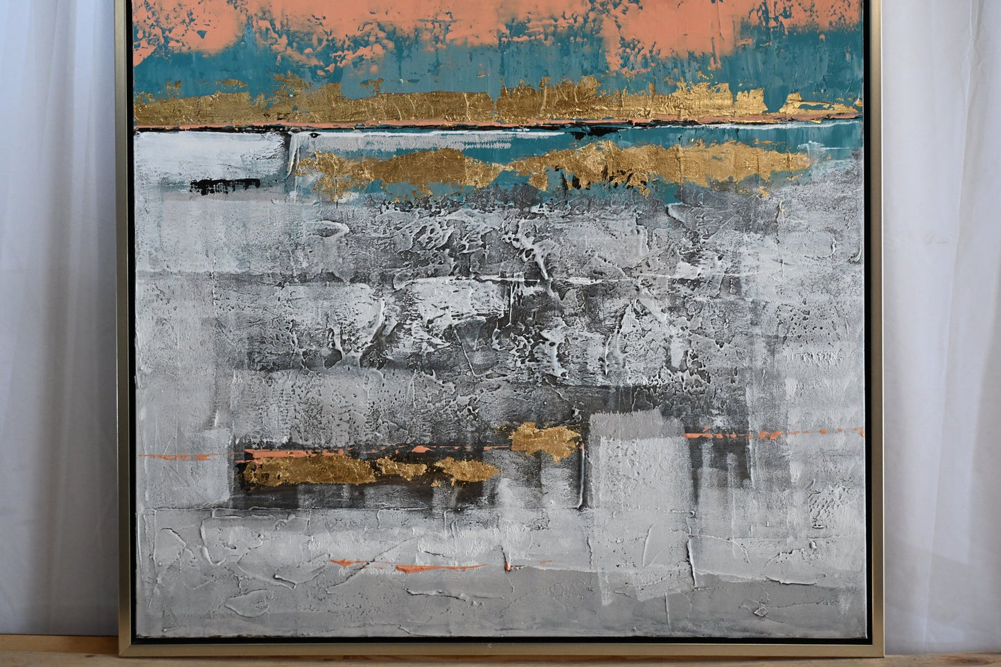 Coral Reef Abstract Canvas Painting Coral Blue Gold Framed 61"x41"
