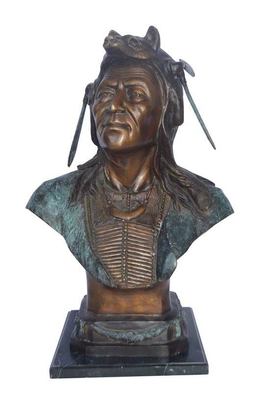 Indian Tribe Leader Bust bronze statue - Size: 22"L x 15"W x 32"H.