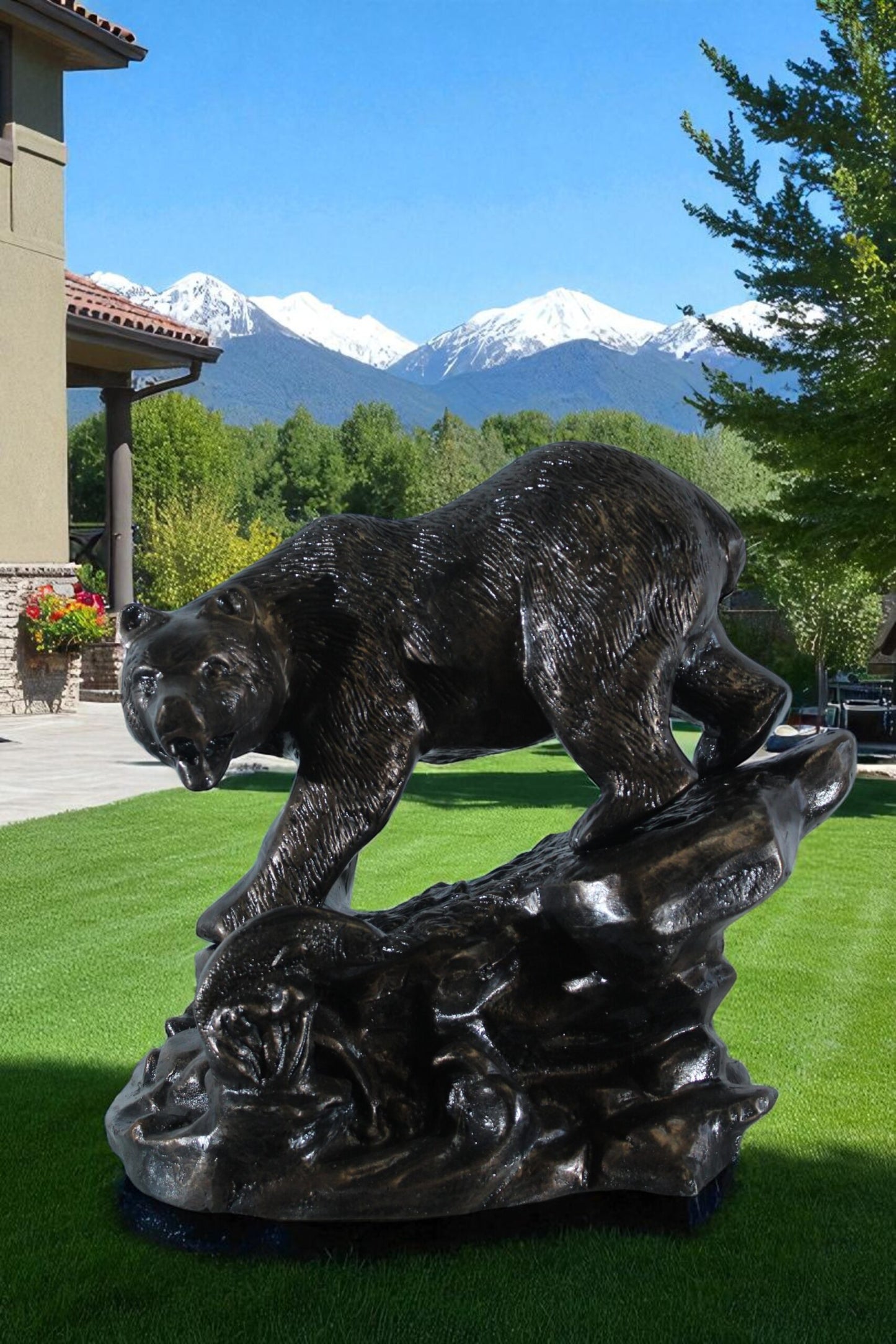 Aluminum Bear Catching Fish Statue with River Rock Detail 25" x 15" x 22"H