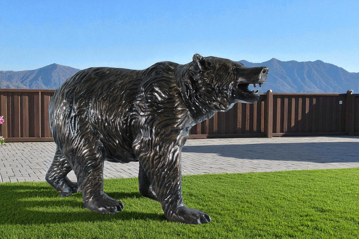 Aluminum Bear Statue with Open Mouth and Textured Fur Finish 42" x 14" x 23"H