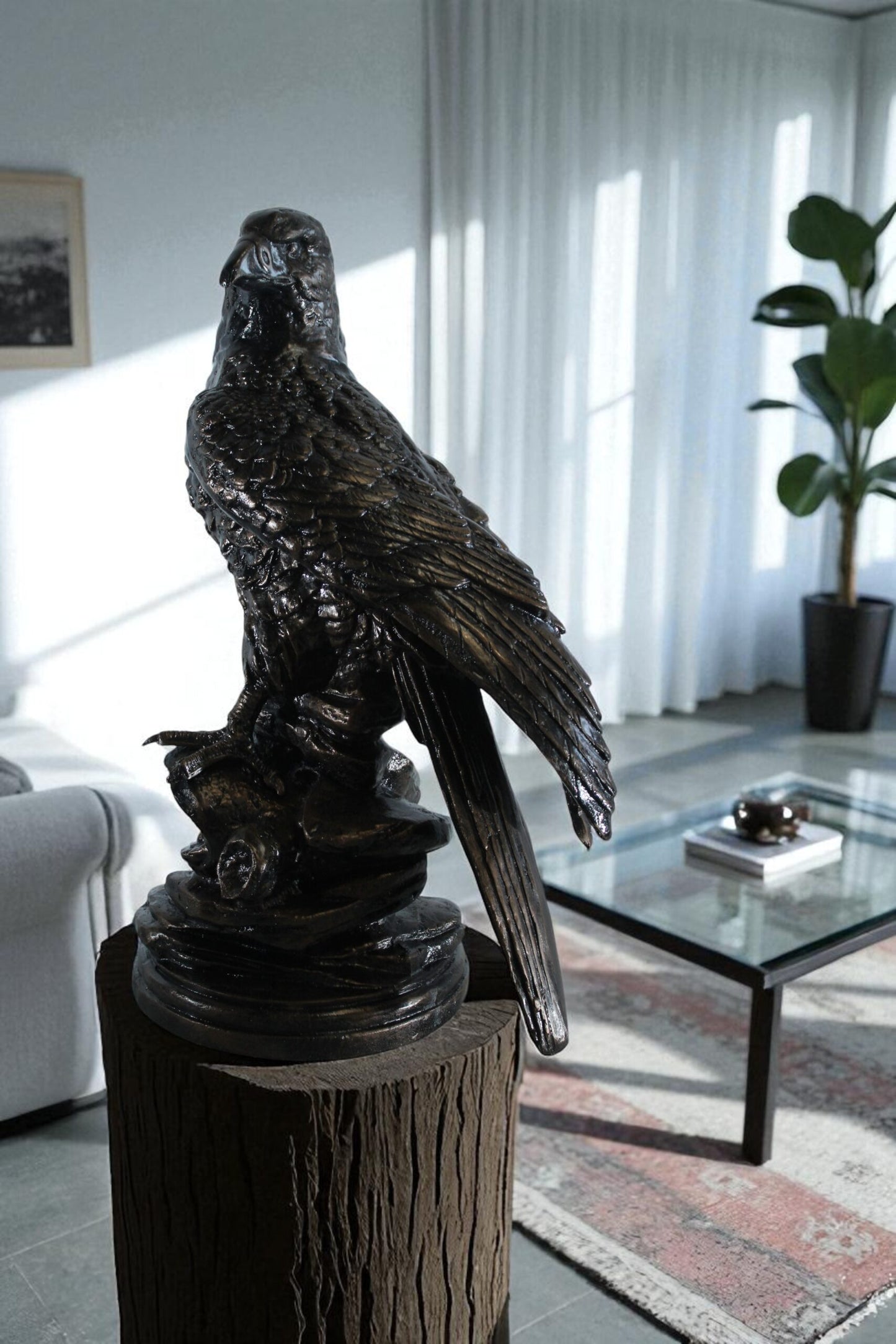 Aluminum Eagle Statue on Tree Stump with Natural Finish 20" x 12" x 14"H
