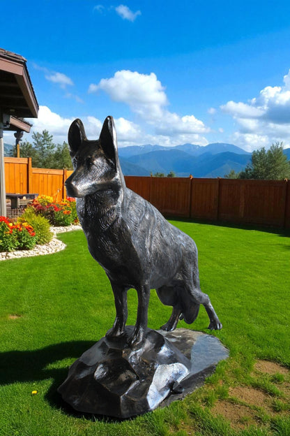 Giant Aluminum German Shepherd Statue Standing on Rock Base 46" x 20" x 49"H
