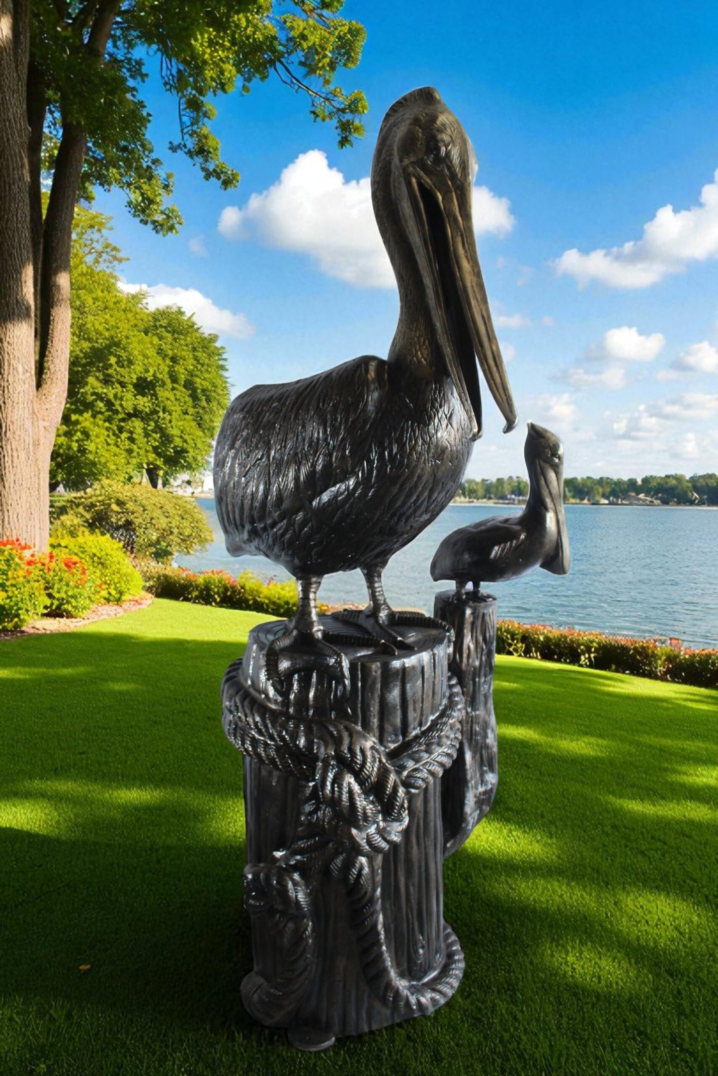 Giant Aluminum Mama Pelican with Baby Pelican Statue on Post 40" x 33" x 78"H