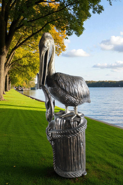 Giant Aluminum Pelican Statue Catching Fish on Dock Post 40" x 33" x 78"H