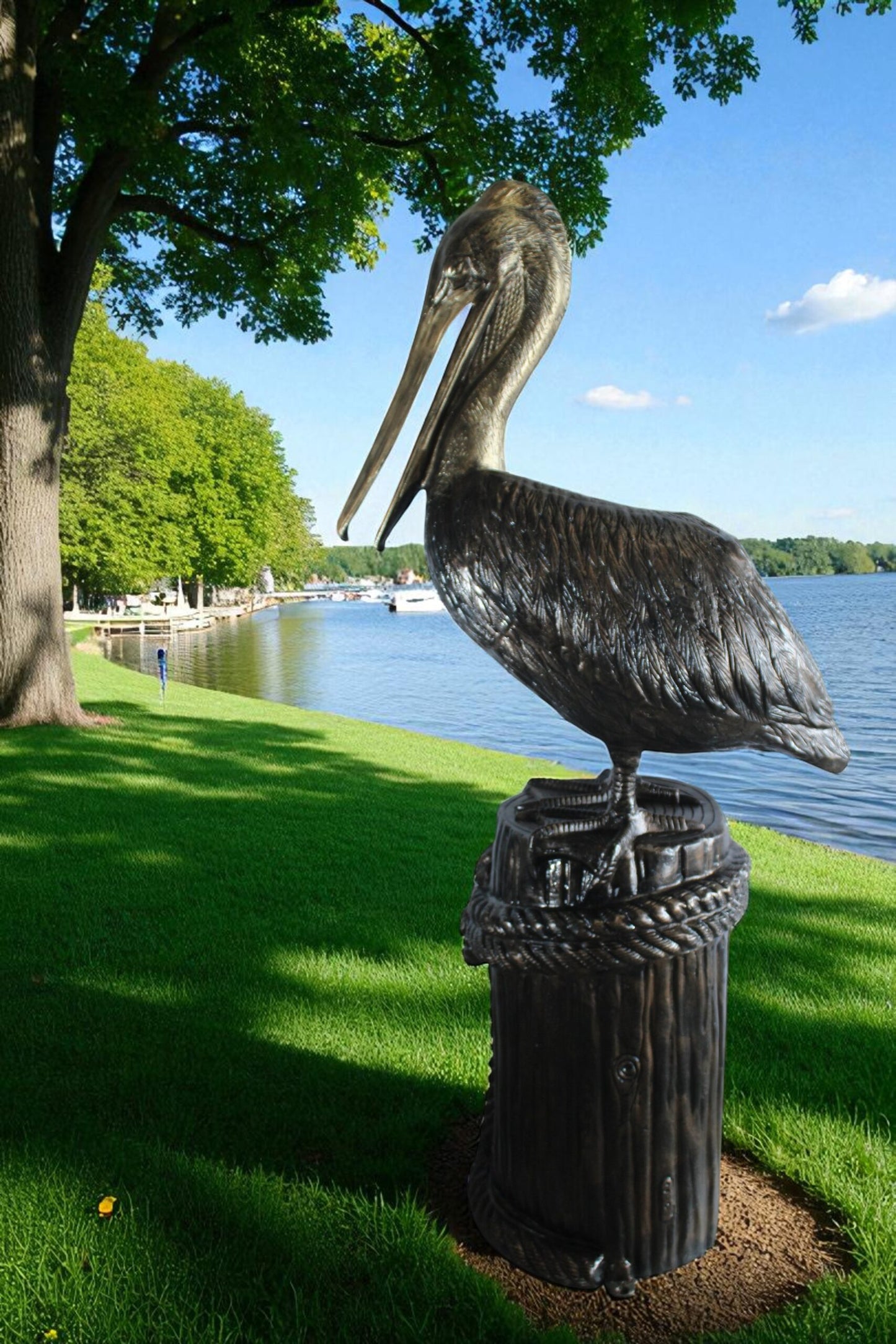 Giant Aluminum Pelican Statue Standing on Dock Post Sculpture 40" x 33" x 78"H
