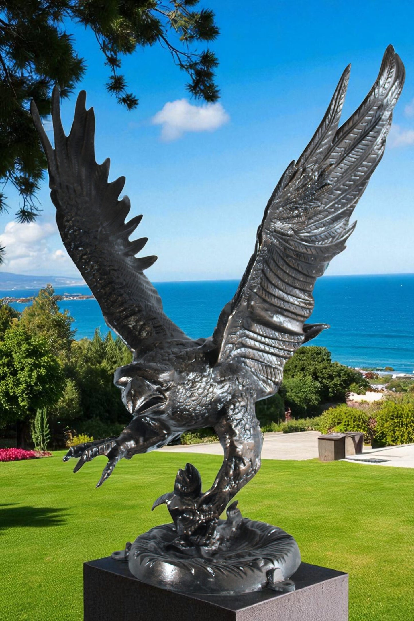 Large Aluminum Eagle Statue with Wings Spread in Flight 40" x 35" x 51"H