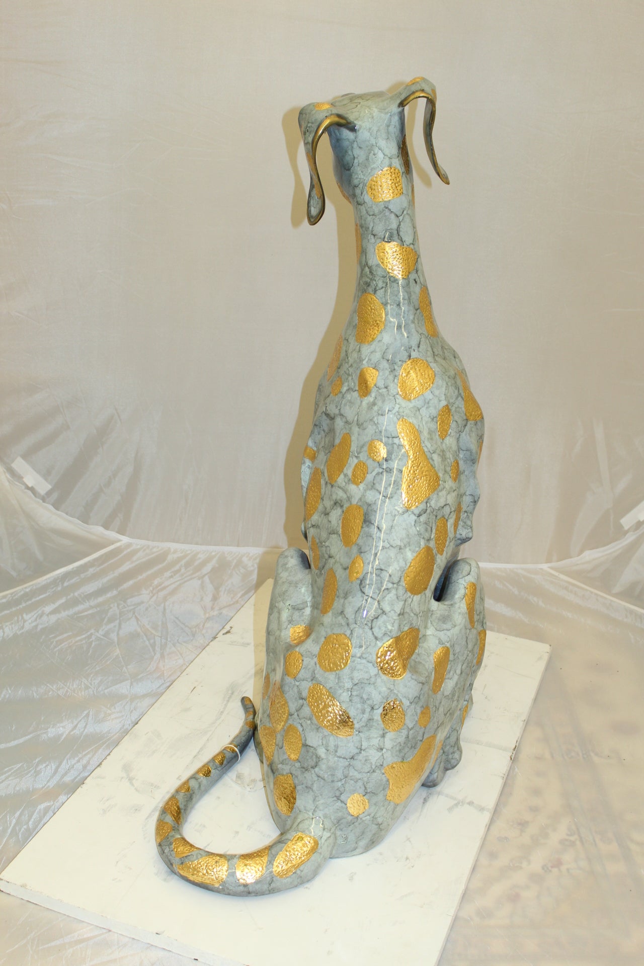 Pair of Golden Pleated Dalmatians Sitting Bronze Statue -  21"L x 16"W x 35"H. 