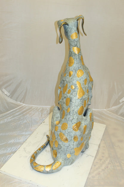 Pair of Golden Pleated Dalmatians Sitting Bronze Statue -  21"L x 16"W x 35"H. 