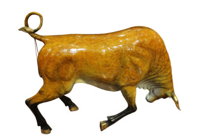 Bull Heads Down Small Bronze Statue -  Size: 24"L x 6"W x 16"H.