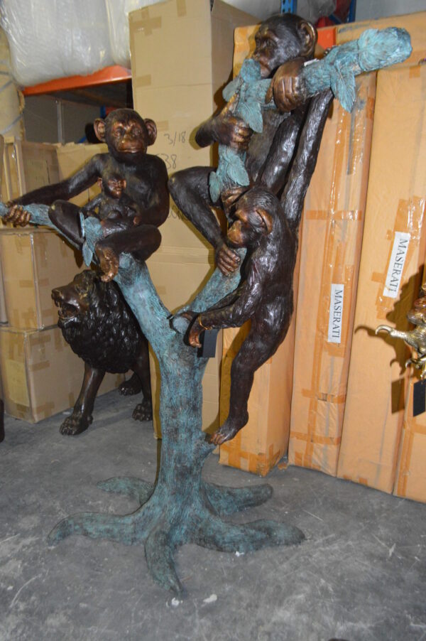 Four Monkeys On A Tree Bronze Statue  -  Size: 35"L x 61"W x 80"H.