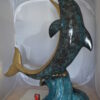 Single Dolphin  On Wave Fountain Bronze Statue -  Size: 48"L x 24"W x 53"H.