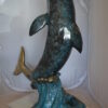 Single Dolphin  On Wave Fountain Bronze Statue -  Size: 48"L x 24"W x 53"H.