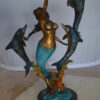 Mermaid With Three Dolphins Bronze Statue -  Size: 15"L x 8"W x 25"H.