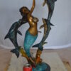 Mermaid With Three Dolphins Bronze Statue -  Size: 15"L x 8"W x 25"H.