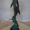 Dolphin Fountain  On A Marble Base Bronze Statue -  Size: 12"L x 8"W x 30"H.