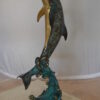 Dolphin Fountain  On A Marble Base Bronze Statue -  Size: 12"L x 8"W x 30"H.