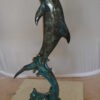 Dolphin Fountain  On A Marble Base Bronze Statue -  Size: 12"L x 8"W x 30"H.