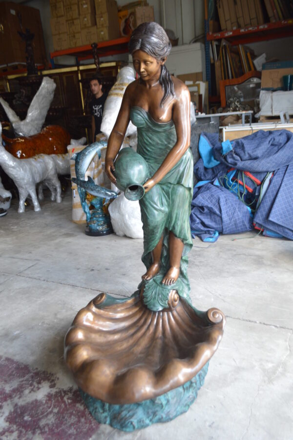 Girl Holding a Pot on Shell Fountain Bronze Statue -  Size: 33"L x 30"W x 62"H.
