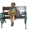 Girl sitting with her dog  on a bench,  reading Bronze Statue - 27" x 39" x 32"H