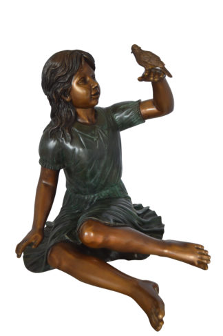 Girl with a Sparrow Bronze Statue -  Size: 24"L x 30"W x 25"H.