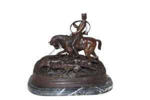 Hunting man on horse Bronze Statue -  Size: 16"L x 8"W x 14"H.