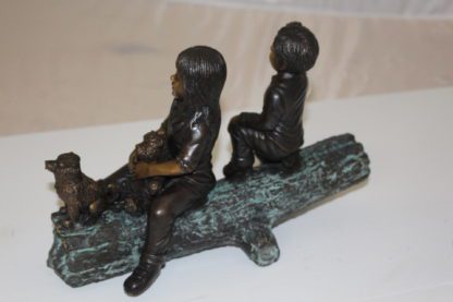 Two kids with dog on log Bronze Statue -  Size: 12"L x 5"W x 8.5"H.
