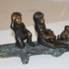 Two kids with dog on log Bronze Statue -  Size: 12"L x 5"W x 8.5"H.