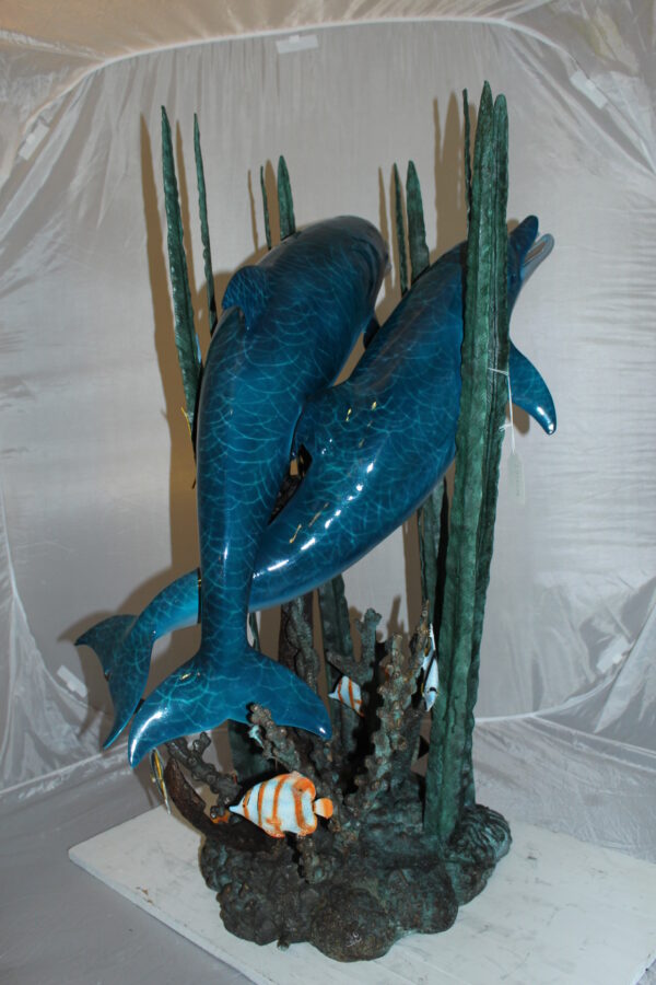 Two dolphins w small fish fountain Bronze Statue -  Size: 33"L x 30"W x 42"H.