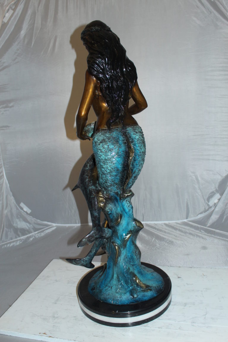 Mermaid With Dolphin Fountain Bronze Statue Size L X W X H