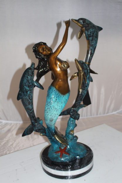 Mermaid with 3 dolphins Bronze Statue -  Size: 16"L x 10"W x 25"H.